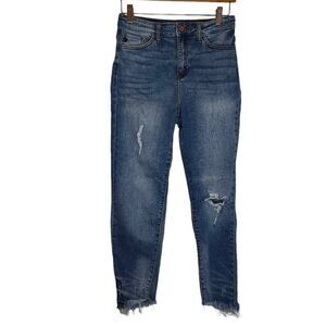 Kan Can Cropped Light Wash Raw Hem Distressed Denim Jeans